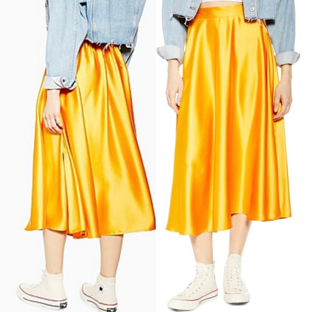 TopShop Full Circle Gold Satin Midi Skirt US 6